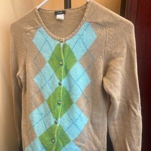 J. Crew Camel Cardigan with Aqua & Green Argyle